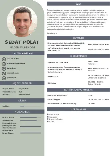 Maden Mühendisi Cv Örnekleri cv indir